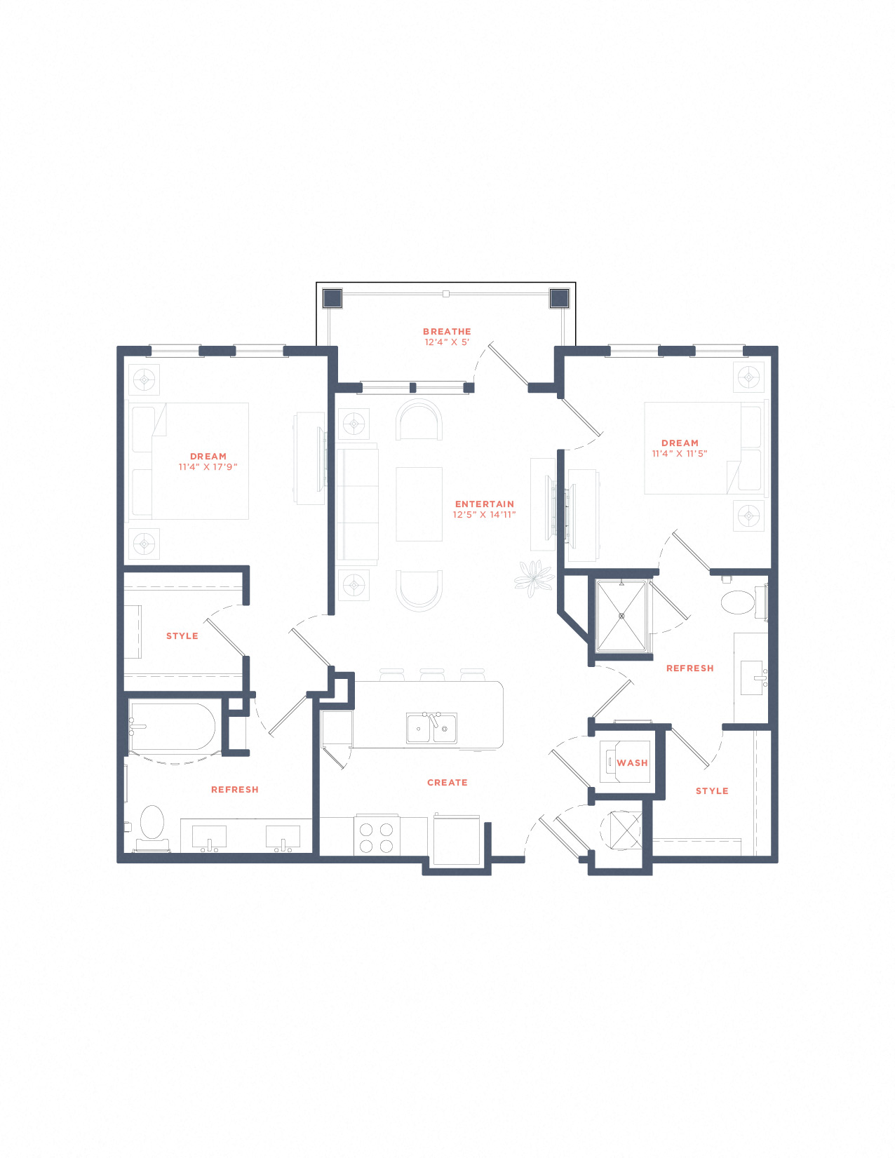 Floor plan for 2 beds, 2 baths, 1050 sqft